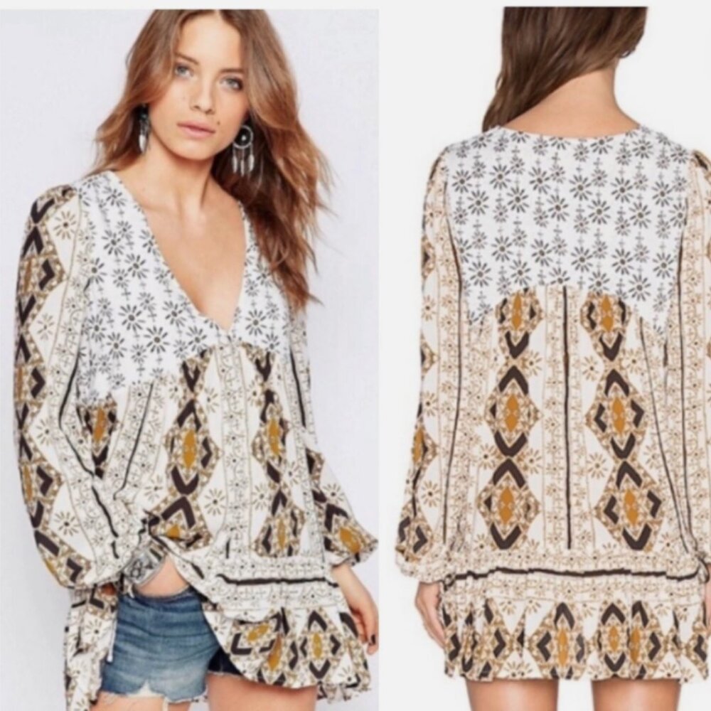EUC Free People Bohemian Tunic in White and Brown- Sm